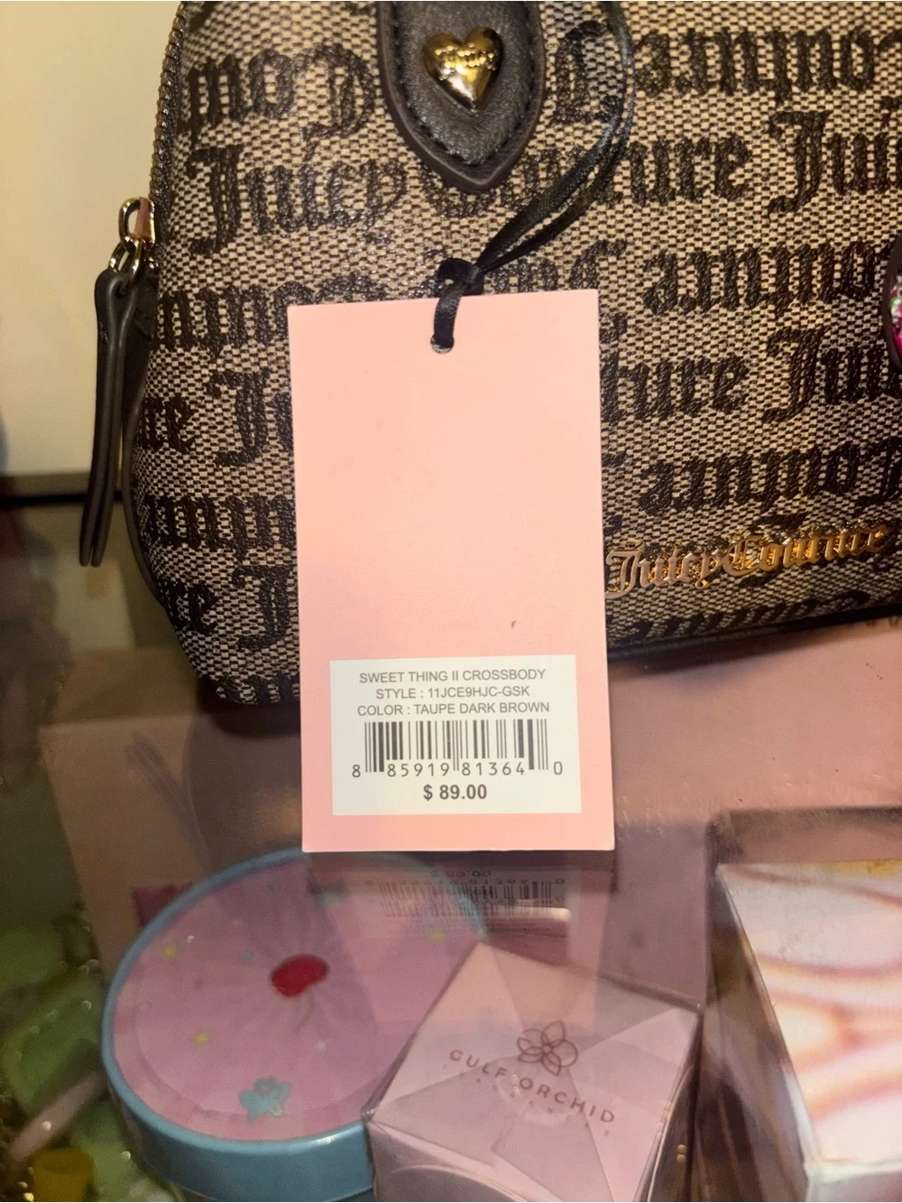 Juicy Couture Taupe Brown Logo Satchel with Pink Cherry Coin Pouch